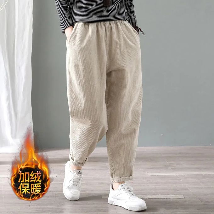 Fashion (khaki)Women Solid Color Elastic Waist Baggy Warm Pantalones Basic  Thick Snow Wear Harem Pant Winter Plus Velvet Casual Corduroy Pants DOU @  Best Price Online