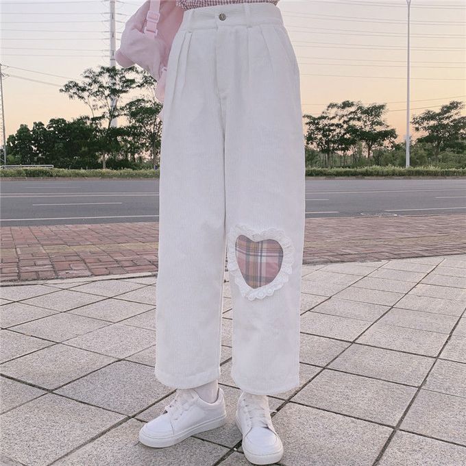 OATSBAS Cute White Corduroy Pants for Women Cartoon Embroidery High Waist  Harajuku Kawaii Wide Leg Trousers Y2K Pants (White-Standard,Small) at   Women's Clothing store