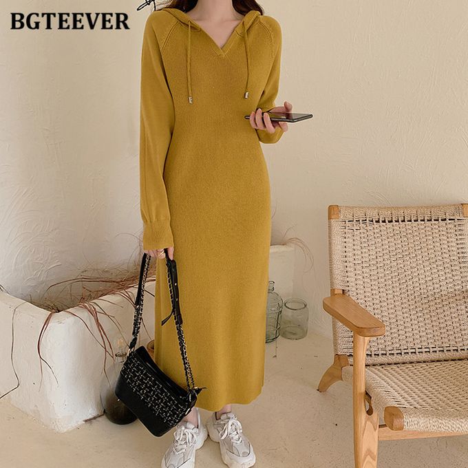 Fashion (khaki)Autumn Winter Women Dress Hooded Knitted Midi Dresses For  Women Long Sleeve Loose Female Sweater Vestidos MAA @ Best Price Online