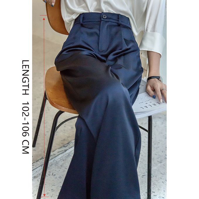 Fashion (Extended-Black)Summer Autumn Women's Pants Loose Classic Black  Straight High Waist Casual Korean Silk Satin Wide Leg Trousers For Women  Pants DOU @ Best Price Online