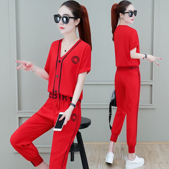 Fashion (black)Summer Casual Short Sleeve Tracksuit 2 Piece Set Women  Korean V-Neck Print T-Shirt And Sweatpants Suit Fashion Jogging Sweatsuit  JIN @ Best Price Online