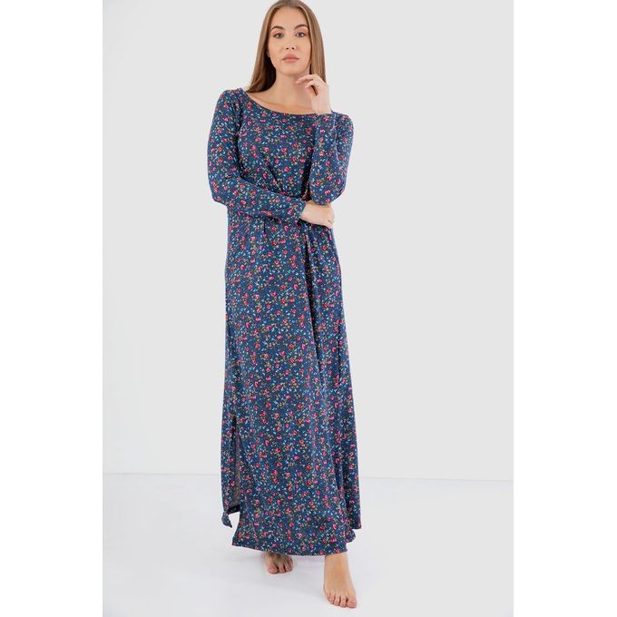 Kady Long Sleeves Side Slits Floral Nightgown- Multicolour Navy Blue ...
