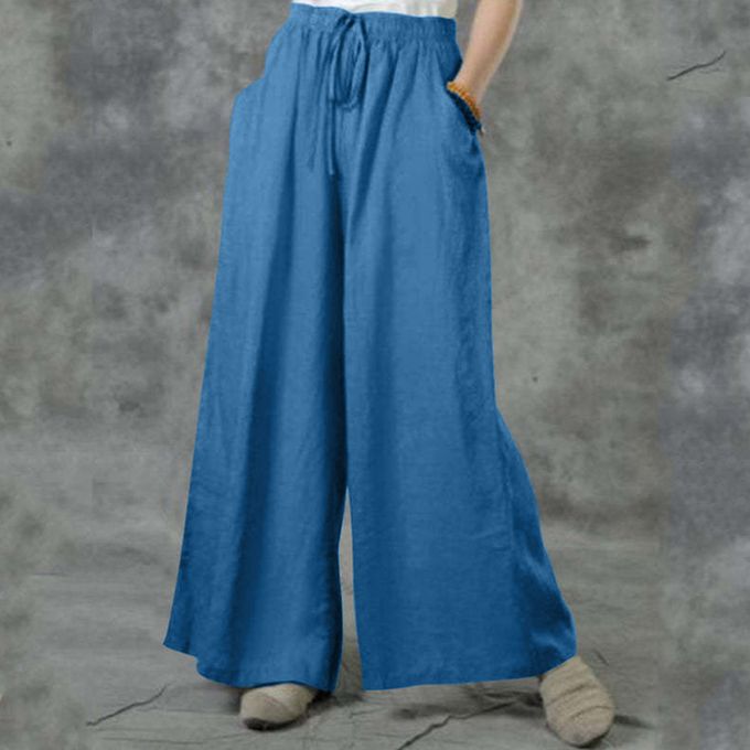 Hfyihgf Womens Casual Loose Wide Leg Palazzo Pants High Waist Smocked Flowy  Trousers with Pockets(Light Blue,XXL)