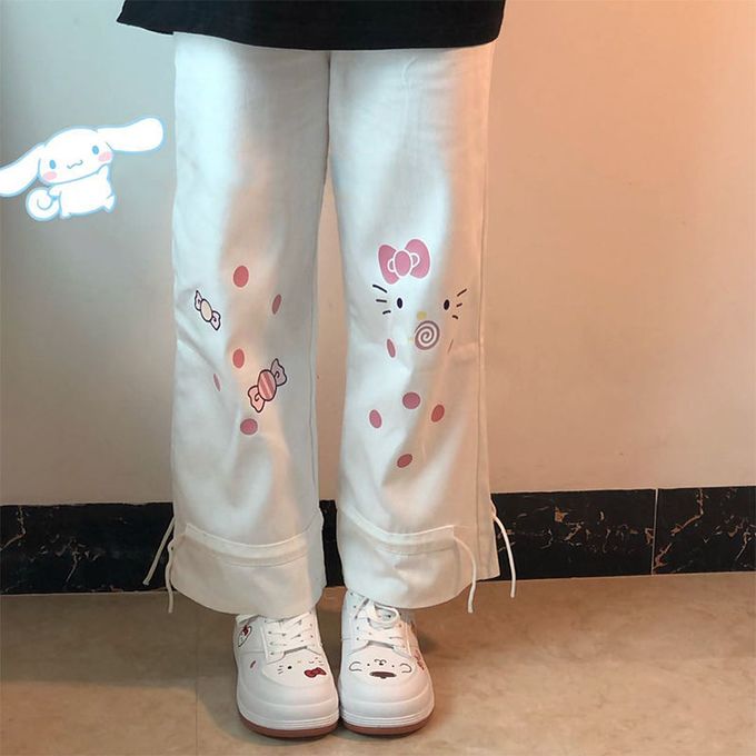 OATSBAS Cute White Corduroy Pants for Women Cartoon Embroidery High Waist  Harajuku Kawaii Wide Leg Trousers Y2K Pants (White-Standard,Small) at   Women's Clothing store