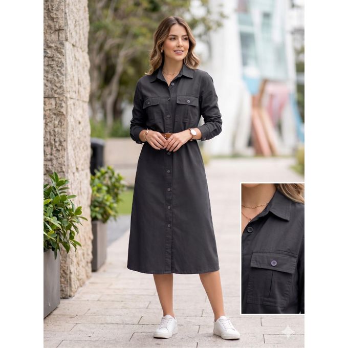 Long Gabardine Button-Down Casual Tunic with Chest Pockets