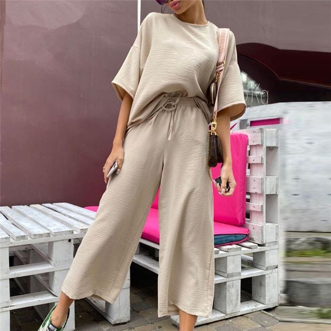 Fashion Sexy Fashion Khaki Women's Set Summer Casual Two Piece Set Short  Sleeve Tops Shirt And Loose Beach Pants Set Bottom Suit Outfits JIN @ Best  Price Online