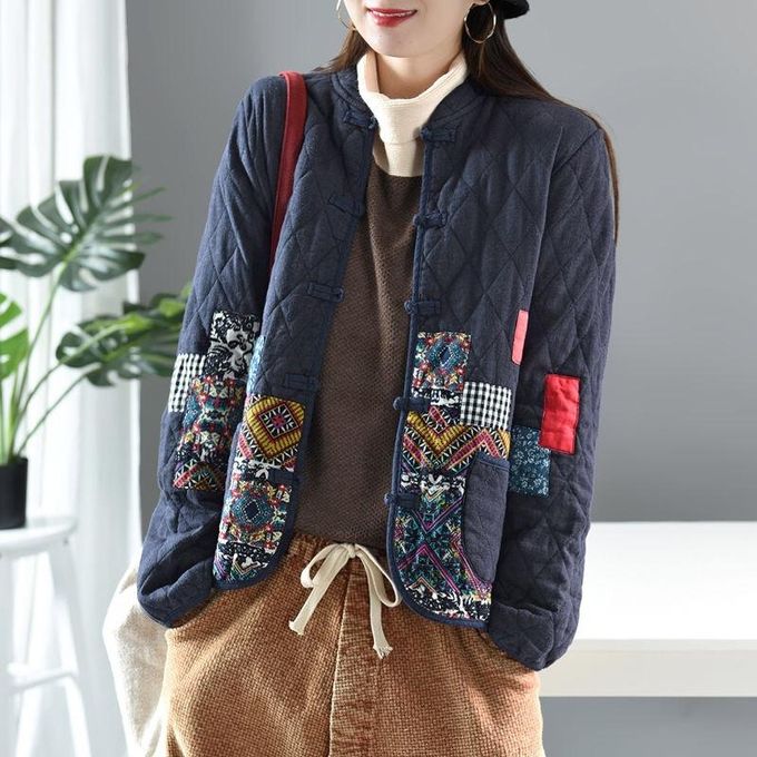 2023 Autumn/Winter New Ethnic Style Patch Cotton Hemp Clip Cotton Coat  Casual Thickened Cotton Coat