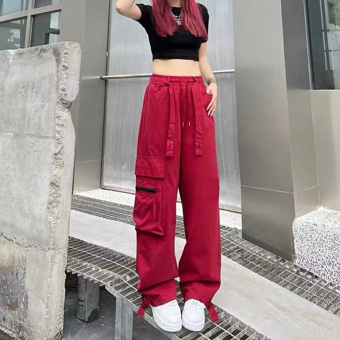 (Red)Women Cargo Harem Pants Side Pockets Black Hip Hop Casual Male Female  Joggers Trousers Fashion Casual Streetwear Pants DOU