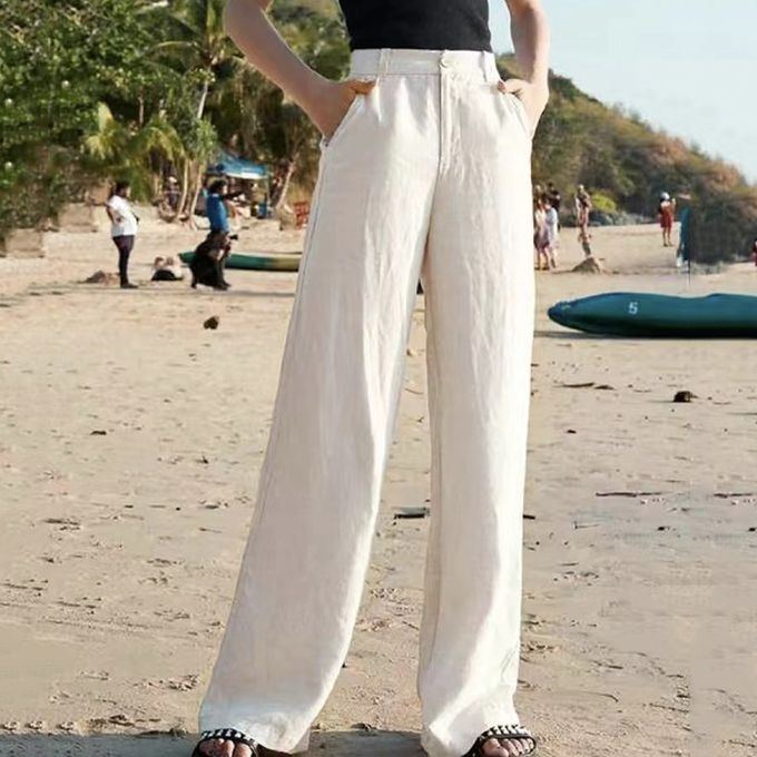 Lucyever Summer Cotton Linen Pants Women High Waist Zipper White