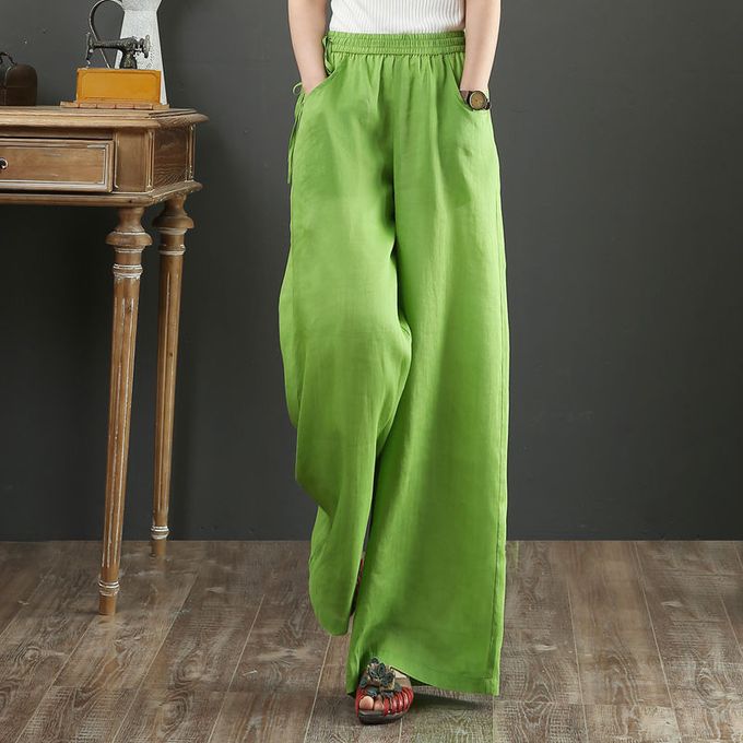 Fashion (Green)New Vintage Linen Elastic Waist Wide Leg Pants Women Long  Trousers Summer Solid Color Casual Loose Pants Female Boho Clothes DOU @  Best Price Online