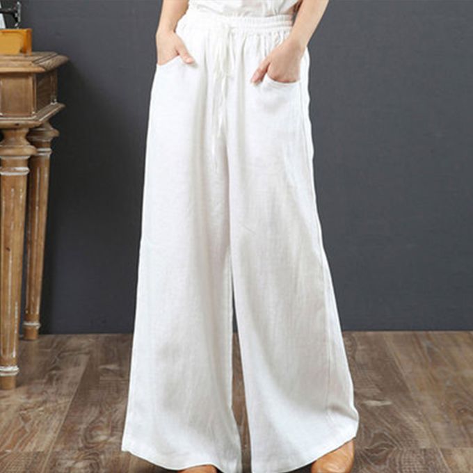 Buy AND White Solid Loose Fit Cotton Womens Trousers