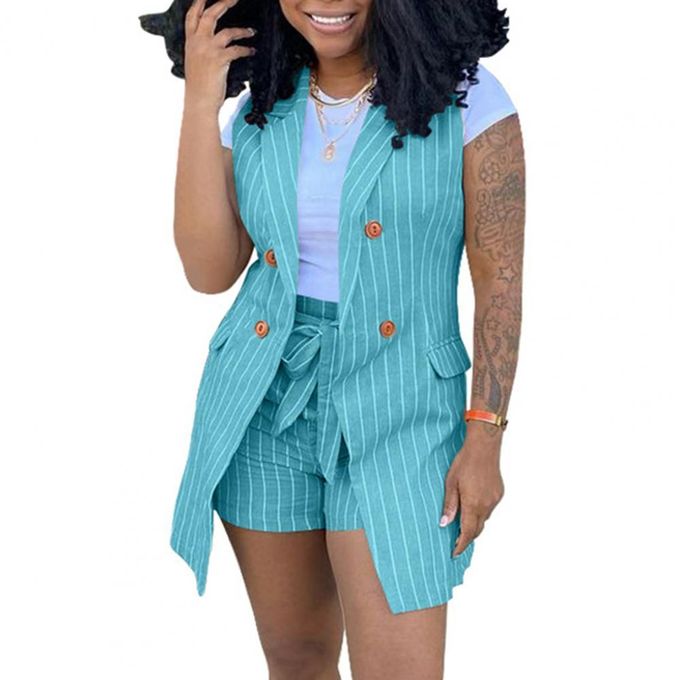  Women's Suits Two Piece Outfits - Elegant Stripe Sleeveless  Vest Blazer Jacket + Self Tie Waist Shorts Set Black S : Clothing, Shoes &  Jewelry