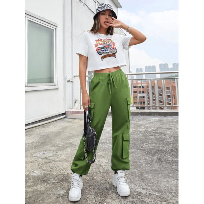 Fashion (Black)High Waist Pockets Cargo Pants Baggy Women Fashion