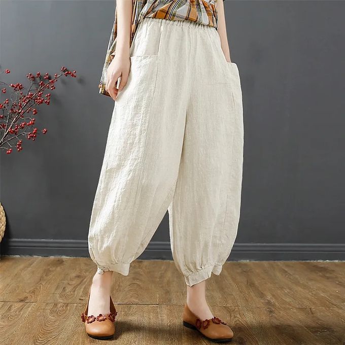 Fashion (beige)Oversize 100% Cotton Linen Women's Bloomers Thin Loose Big  Pocket Vintage Harem Pants Solid Ankle Length Casual Pantalones DOU @ Best  Price Online