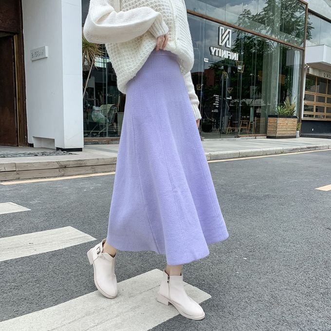 Vintage High Waist Pleated Wool Skirt Woman Elegant Korean Winter