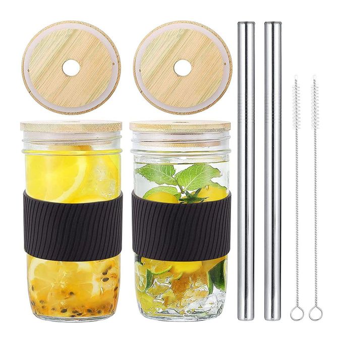 Generic Reusable Bubble Tea Cup 4 Pack 24Oz, Iced Coffee Cups Wide Mouth  Smoothie Boba Cup with Lid, Silver Straws, Clean Brush, Mason