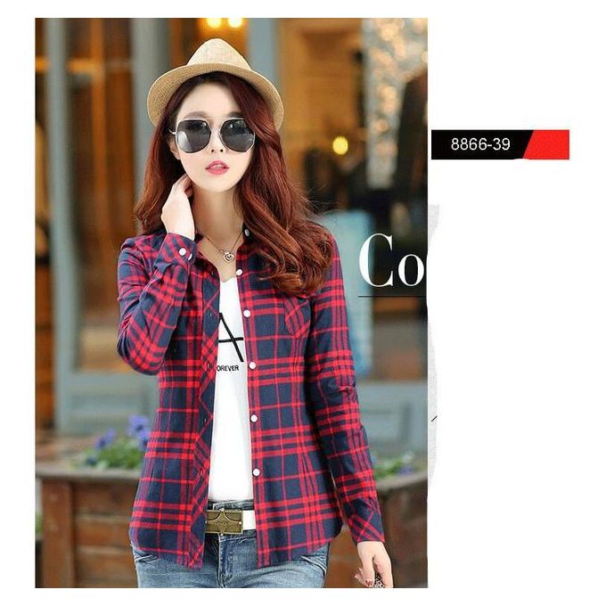 Generic Girls Long Sleeve Cotton Checkered Shirts Blouse British Women's  Casual Plaid Shirt Clothes For Female