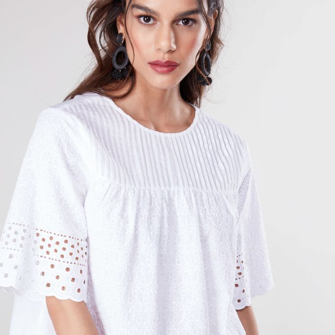 Shop Max Schiffli Detail Top With Round Neck And Short Sleeves - Light ...