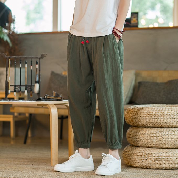 2018 summer new Chinese style linen loose thin section harem pants mens  elastic waist strap fashion style pants large size  OnshopDealsCom