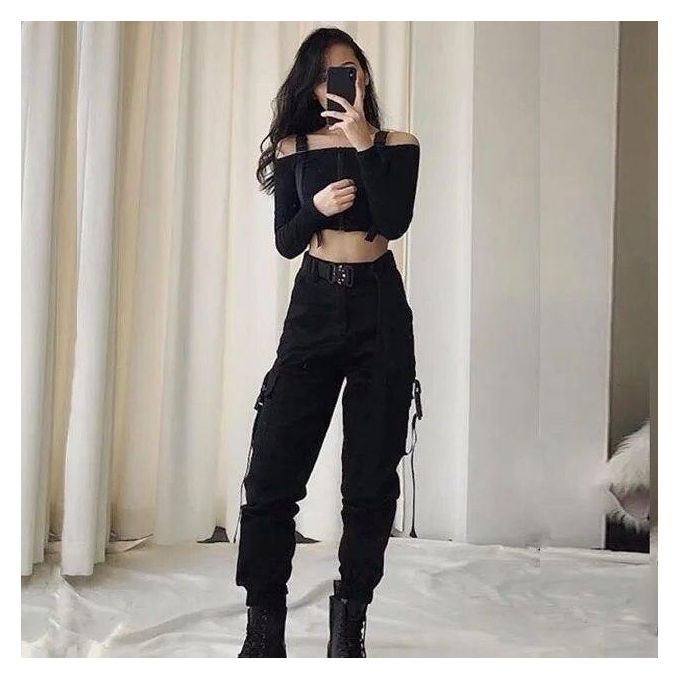 16 Jeans Black High Waist Cargo Pants Women Pockets Patchwork