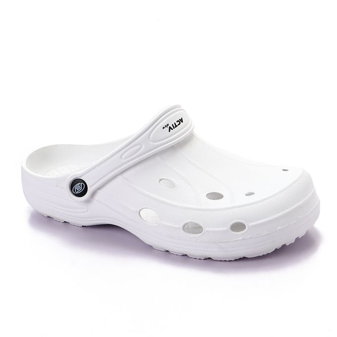 white rubber clogs