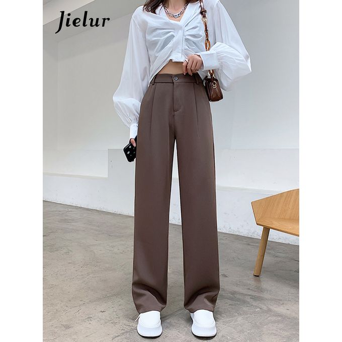 Fashion (black1)Jielur White Wide Leg Pants For Women High Waist Pockets  Pants Loose Workwear Office Lady Female Black Trousers S-XL Pantalon DOU @  Best Price Online