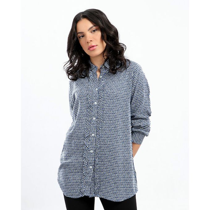 Shop Dalydress Patterned Long Sleeves Buttoned Shirt - Navy Blue ...