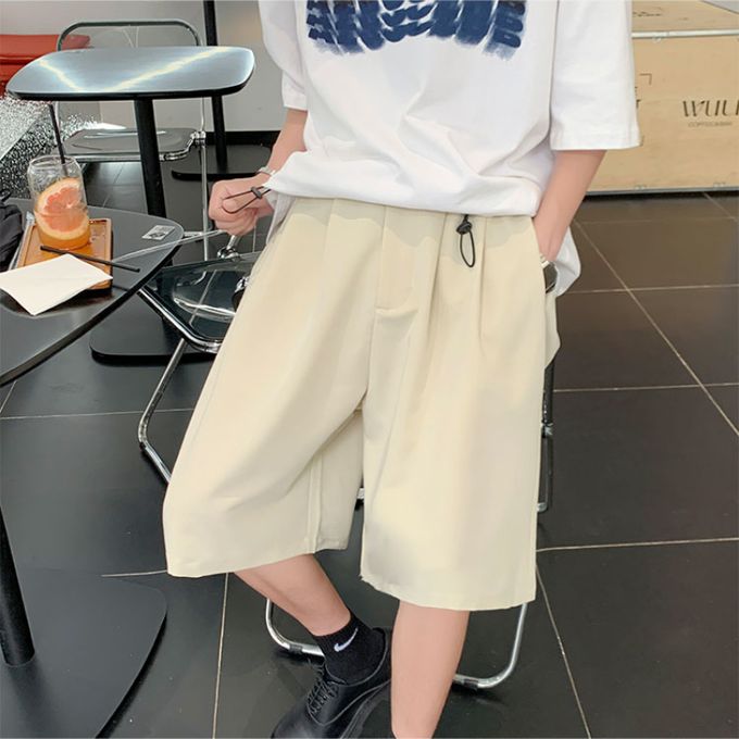 Fashion (Beige)Men Solid Casual Shorts Loose Wide Leg Knee Length