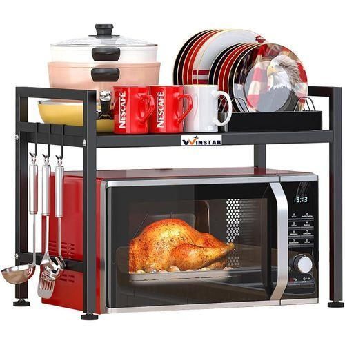 رف ميكروويف قابل للتعديل من مستويين، منظم سطح المطبخ ورف ميكروويف قابل للتعديل، منظم سطح المطبخ مع خطافات ورف تخزين لتوفير المساحة للتوابل والأدوات والمستلزمات المطبخية باللون الأسود