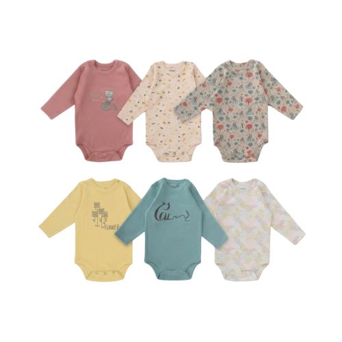 Junior Pack of 6 Cotton Long Sleeve Bodysuit for Baby Girl ( Printed Colors)