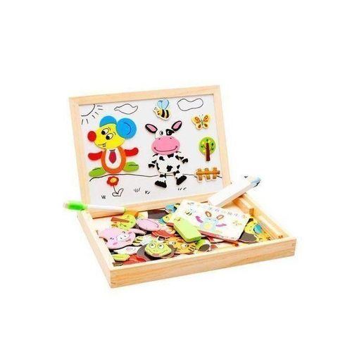 Double wooden whiteboard for children with magnetic animal pieces and drawing tools