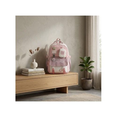 Soft Pink & Off-White Modern School Backpack with Mini Pouch Cute Badges