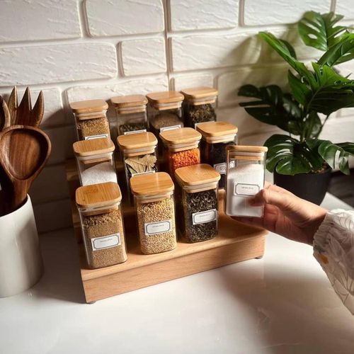 Glass Spice Jars with Bamboo Lid, Airtight Square Spice Containers, Empty Spice Jars for Sugar Salt Seasoning (milligram, 200) (1 piece)