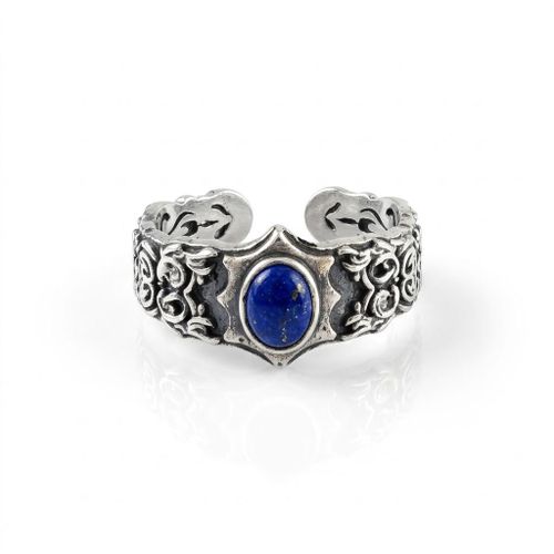 Men's 925 Sterling Silver Adjustable Lapis Lazuli Ring - Vintage Engraved Band