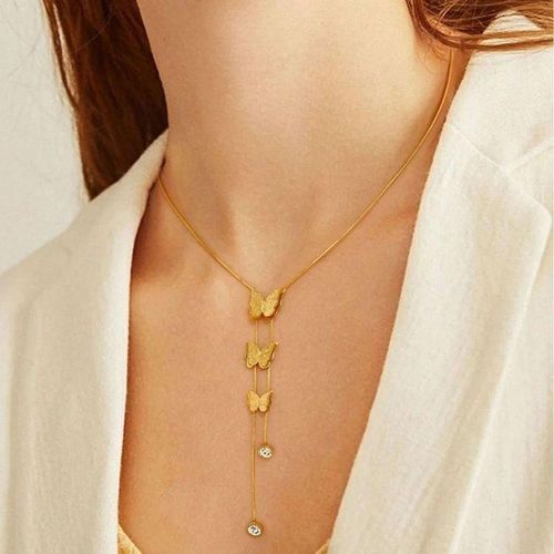 Women's Stainless Steel Butterfly Y-Necklace - Elegant Snake Chain with Cascading Butterflies and Crystal Droplets