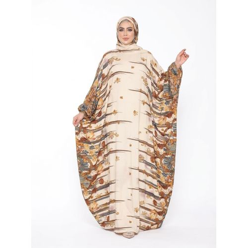 Elegant Embroidered Women's Abaya in Cream with Gold & Green Floral Details, Perfect for Formal & Daily Occasions, Full-Coverage Comfort Fit