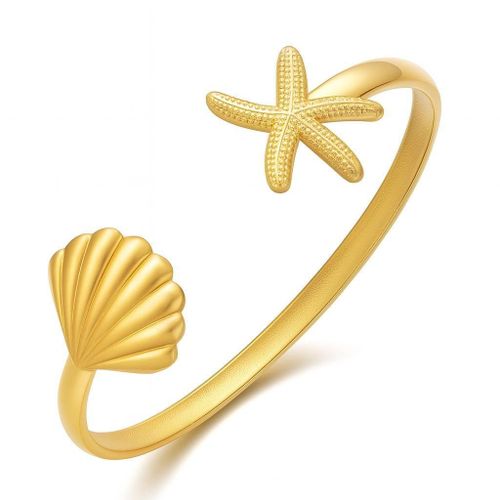 Gold Seashell &amp Starfish Open Cuff Bracelet – Adjustable Ocean-Themed Bangle for Women, Coastal Summer Jewelry, Minimalist Beach Accessory