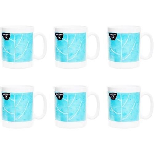 Essence Alaricia Printed Arcopal Mug Set of 6 Pieces - 320 ml, Crystal Glass, White, Modern, BPA Free, Reusable, Dishwasher Safe, Heat Resistant, Floral Pattern