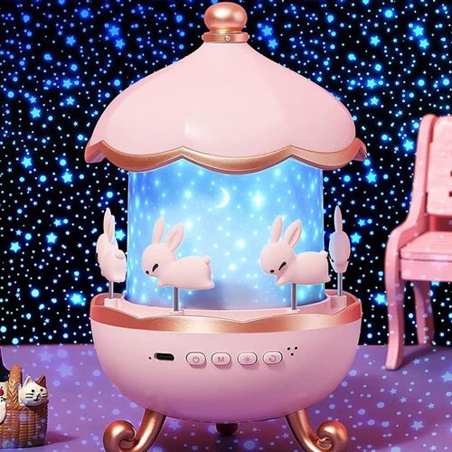 Bunny Carousel Night Light Projector Lamp 360 Rotatable Cabin LED Night Lamp with 6 Film Shade USB Powered Cute Bunny Design Bedroom Decor for Kids Baby Girls