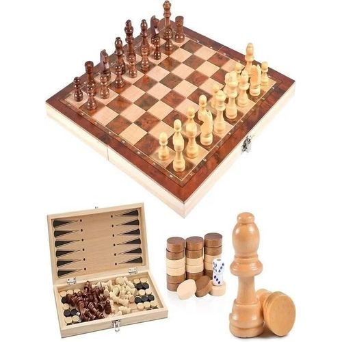 3-in-1 Wooden Board Game Set - Foldable Chess, Backgammon, and Checkers Combo Set with Storage Lock, Premium Handcrafted Wooden Pieces & Dices, Travel-Friendly Educational Strategy Game for Kids and Adults