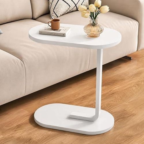 Modern Side Coffee Table Compact Living Room Accent Furniture Wooden Top Metal Stand Sofa Bedside Snack Laptop Holder Minimal Design Space Saving Home Decor Use ,White.