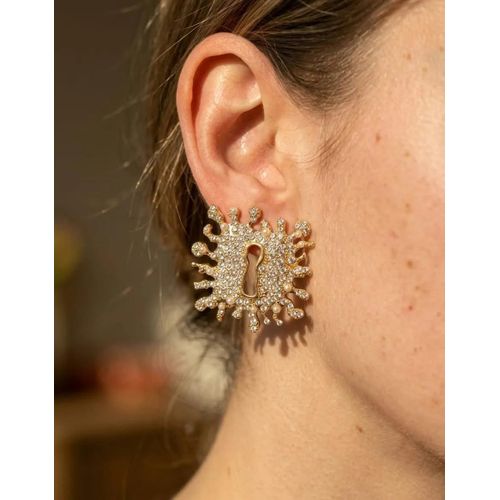 Sculpted Leaf Earrings with Crystal Accents Gold Plated - Gold