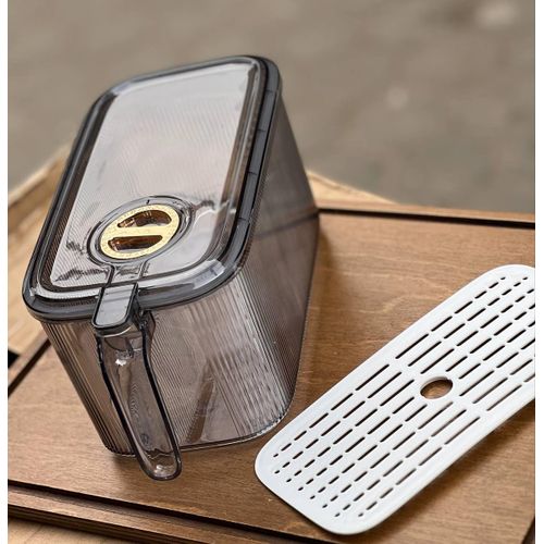 Clear Food Storage Container with Airtight Lid, Ribbed Plastic, Smoke Grey, with Draining Tray, Kitchen