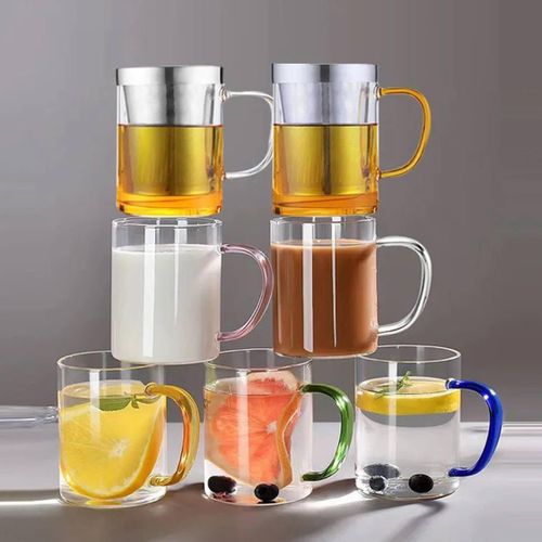 Clear glass cups with colored handles – 6-piece glass mug set for hot and cold drinks 330 ml capacity elegant and modern design.