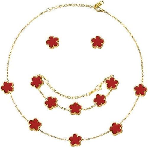 طقم مجوهرات فيروز للسيدات والبنات، من الفولاذ المقاوم للصدأ مطلي بالذهب عيار 18 قيراط مع قلادة وأقراط مزدوجة الجوانب وسوار قابل للتعديل، طقم مجوهرات للهدايا في أعياد الميلاد 3 قطع