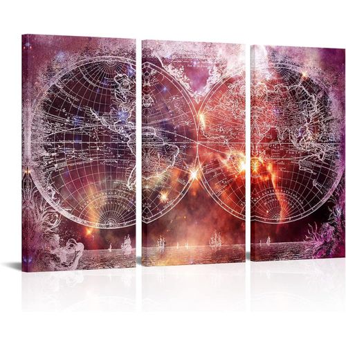 Saypeacher 3 Pieces Vintage Pink World Map Canvas Prints Abstract World Map Design Framed Wall Art for Living Room Office Wall Decor for Living Room Wall Decoration 16x32x3pcs