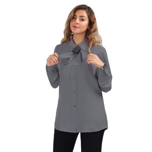 Solid Crepe Shirt With Flower Neck Tie - Dark Gray