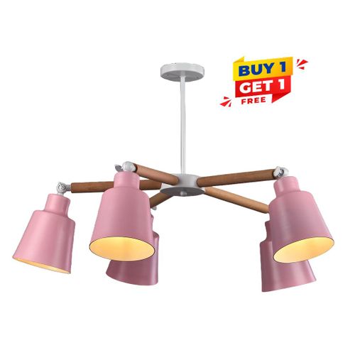 1+1 Nagafa Shop , Modern Pink Ceiling Light with Wooden Arms – 4-Head Adjustable Chandelier , size 60 × 60 , Made of Aluminium