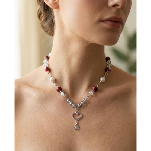 Vintage-Inspired Ethereal Heart & Coin Choker Necklace - Pearl and Burgundy Beads - Water-like effect Beads