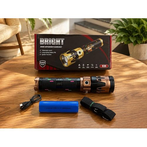 Waterproof LED Flashlight – Zoomable & Strobe, High Brightness (Lumens), Portable, Ideal for Mountains & Camping, USB Rechargeable, Aluminum Alloy – Model 535 – No. 185-63